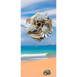 TRIFARI Signed CROWN Gold/Silver tone Clear Rhinestones Pin Brooch